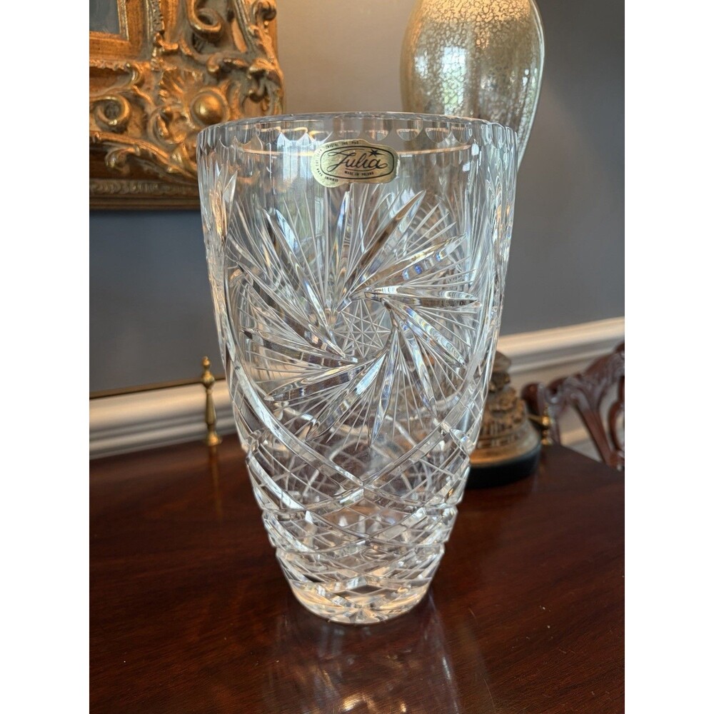 Julia Glassworks Poland  9 7/8" Tall Vintage Clear Cut Crystal Flower Vase1970's